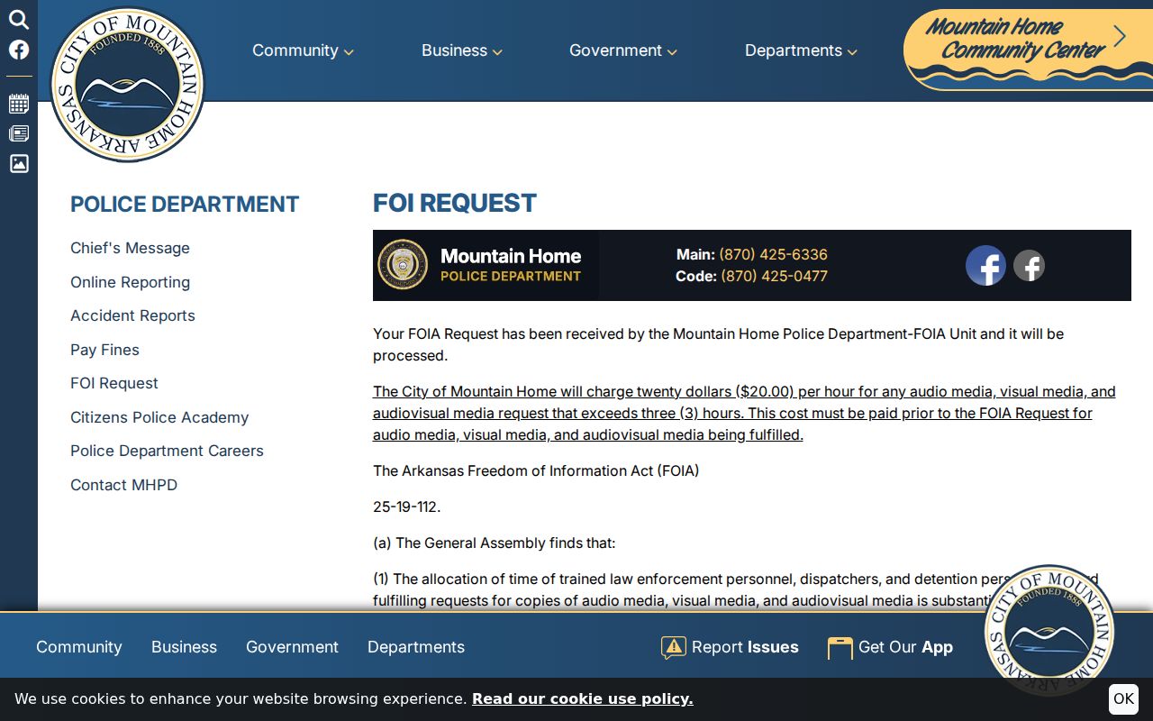 Mountain Home FOI request page for police records and media fees